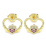 Oro Laminado Stud Earring, Gold Filled Style Heart Design, with Ruby Micro Pave, Polished, Golden Finish