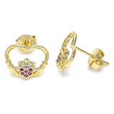 Oro Laminado Stud Earring, Gold Filled Style Heart Design, with Ruby Micro Pave, Polished, Golden Finish