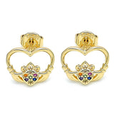 Oro Laminado Stud Earring, Gold Filled Style Heart Design, with Multicolor Micro Pave, Polished, Golden Finish