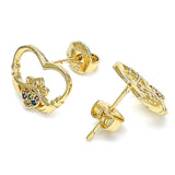 Oro Laminado Stud Earring, Gold Filled Style Heart Design, with Multicolor Micro Pave, Polished, Golden Finish