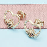 Oro Laminado Stud Earring, Gold Filled Style Heart Design, with Multicolor Micro Pave, Polished, Golden Finish