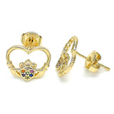 Oro Laminado Stud Earring, Gold Filled Style Heart Design, with Multicolor Micro Pave, Polished, Golden Finish