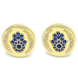 Oro Laminado Stud Earring, Gold Filled Style Hand of God Design, with Sapphire Blue Micro Pave, Polished, Golden Finish