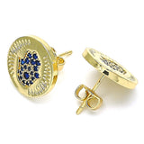 Oro Laminado Stud Earring, Gold Filled Style Hand of God Design, with Sapphire Blue Micro Pave, Polished, Golden Finish