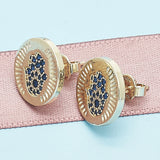 Oro Laminado Stud Earring, Gold Filled Style Hand of God Design, with Sapphire Blue Micro Pave, Polished, Golden Finish