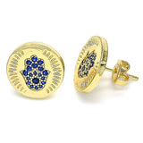 Oro Laminado Stud Earring, Gold Filled Style Hand of God Design, with Sapphire Blue Micro Pave, Polished, Golden Finish