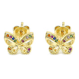 Oro Laminado Stud Earring, Gold Filled Style Butterfly Design, with Multicolor Micro Pave, Polished, Golden Finish