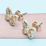 Oro Laminado Stud Earring, Gold Filled Style Butterfly Design, with Multicolor Micro Pave, Polished, Golden Finish