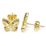 Oro Laminado Stud Earring, Gold Filled Style Butterfly Design, with Multicolor Micro Pave, Polished, Golden Finish