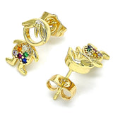 Oro Laminado Stud Earring, Gold Filled Style Little Boy Design, with Multicolor Micro Pave, Polished, Golden Finish