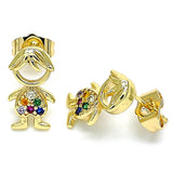 Oro Laminado Stud Earring, Gold Filled Style Little Boy Design, with Multicolor Micro Pave, Polished, Golden Finish