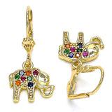 Oro Laminado Dangle Earring, Gold Filled Style Elephant Design, with Multicolor Micro Pave, Polished, Golden Finish