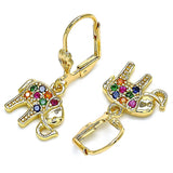 Oro Laminado Dangle Earring, Gold Filled Style Elephant Design, with Multicolor Micro Pave, Polished, Golden Finish