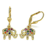Oro Laminado Dangle Earring, Gold Filled Style Elephant Design, with Multicolor Micro Pave, Polished, Golden Finish