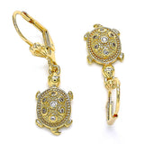 Oro Laminado Dangle Earring, Gold Filled Style Turtle Design, with White Micro Pave, Polished, Golden Finish