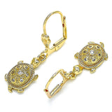 Oro Laminado Dangle Earring, Gold Filled Style Turtle Design, with White Micro Pave, Polished, Golden Finish