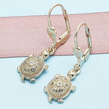 Oro Laminado Dangle Earring, Gold Filled Style Turtle Design, with White Micro Pave, Polished, Golden Finish