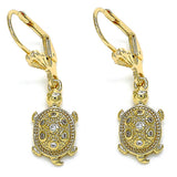 Oro Laminado Dangle Earring, Gold Filled Style Turtle Design, with White Micro Pave, Polished, Golden Finish