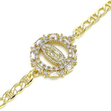 Oro Laminado Fancy Bracelet, Gold Filled Style Guadalupe Design, with White Cubic Zirconia and White Micro Pave, Polished, Golden Finish