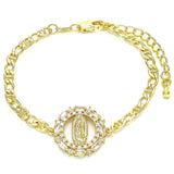 Oro Laminado Fancy Bracelet, Gold Filled Style Guadalupe Design, with White Cubic Zirconia and White Micro Pave, Polished, Golden Finish