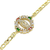 Oro Laminado Fancy Bracelet, Gold Filled Style Guadalupe Design, with Multicolor Cubic Zirconia and White Micro Pave, Polished, Golden Finish