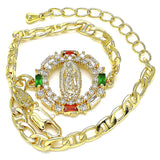 Oro Laminado Fancy Bracelet, Gold Filled Style Guadalupe Design, with Multicolor Cubic Zirconia and White Micro Pave, Polished, Golden Finish