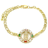 Oro Laminado Fancy Bracelet, Gold Filled Style Guadalupe Design, with Multicolor Cubic Zirconia and White Micro Pave, Polished, Golden Finish
