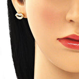 Oro Laminado Stud Earring, Gold Filled Style Lips Design, with White Micro Pave, Polished, Golden Finish