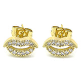Oro Laminado Stud Earring, Gold Filled Style Lips Design, with White Micro Pave, Polished, Golden Finish