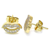 Oro Laminado Stud Earring, Gold Filled Style Lips Design, with White Micro Pave, Polished, Golden Finish