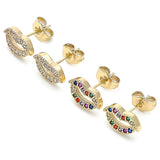 Oro Laminado Stud Earring, Gold Filled Style Lips Design, with White Micro Pave, Polished, Golden Finish