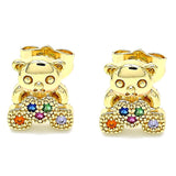 Oro Laminado Stud Earring, Gold Filled Style Teddy Bear Design, with Multicolor Micro Pave, Polished, Golden Finish