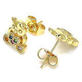 Oro Laminado Stud Earring, Gold Filled Style Teddy Bear Design, with Multicolor Micro Pave, Polished, Golden Finish