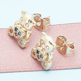 Oro Laminado Stud Earring, Gold Filled Style Teddy Bear Design, with Multicolor Micro Pave, Polished, Golden Finish