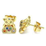 Oro Laminado Stud Earring, Gold Filled Style Teddy Bear Design, with Multicolor Micro Pave, Polished, Golden Finish