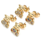 Oro Laminado Stud Earring, Gold Filled Style Teddy Bear Design, with Multicolor Micro Pave, Polished, Golden Finish