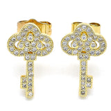 Oro Laminado Stud Earring, Gold Filled Style key Design, with White Micro Pave, Polished, Golden Finish