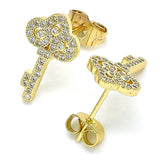 Oro Laminado Stud Earring, Gold Filled Style key Design, with White Micro Pave, Polished, Golden Finish