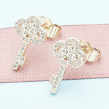 Oro Laminado Stud Earring, Gold Filled Style key Design, with White Micro Pave, Polished, Golden Finish