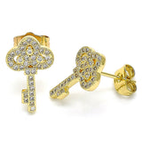Oro Laminado Stud Earring, Gold Filled Style key Design, with White Micro Pave, Polished, Golden Finish