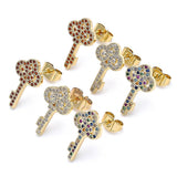 Oro Laminado Stud Earring, Gold Filled Style key Design, with White Micro Pave, Polished, Golden Finish