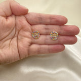 Oro Laminado Stud Earring, Gold Filled Style Crown Design, with Multicolor Micro Pave, Polished, Golden Finish