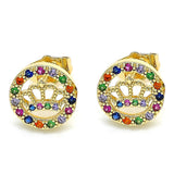 Oro Laminado Stud Earring, Gold Filled Style Crown Design, with Multicolor Micro Pave, Polished, Golden Finish