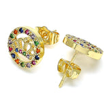 Oro Laminado Stud Earring, Gold Filled Style Crown Design, with Multicolor Micro Pave, Polished, Golden Finish