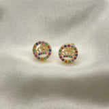 Oro Laminado Stud Earring, Gold Filled Style Crown Design, with Multicolor Micro Pave, Polished, Golden Finish