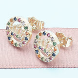 Oro Laminado Stud Earring, Gold Filled Style Crown Design, with Multicolor Micro Pave, Polished, Golden Finish
