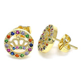 Oro Laminado Stud Earring, Gold Filled Style Crown Design, with Multicolor Micro Pave, Polished, Golden Finish