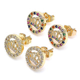 Oro Laminado Stud Earring, Gold Filled Style Crown Design, with Multicolor Micro Pave, Polished, Golden Finish