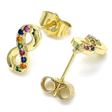 Oro Laminado Stud Earring, Gold Filled Style Infinite Design, with Multicolor Micro Pave, Polished, Golden Finish