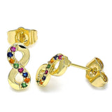 Oro Laminado Stud Earring, Gold Filled Style Infinite Design, with Multicolor Micro Pave, Polished, Golden Finish